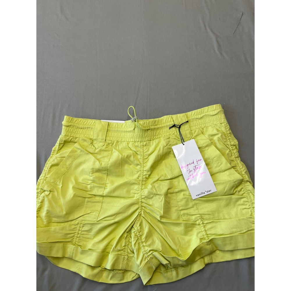 Vanilla Star Womens Bungee Short Neon Lime Green Ruched Elastic Waist Large NWT